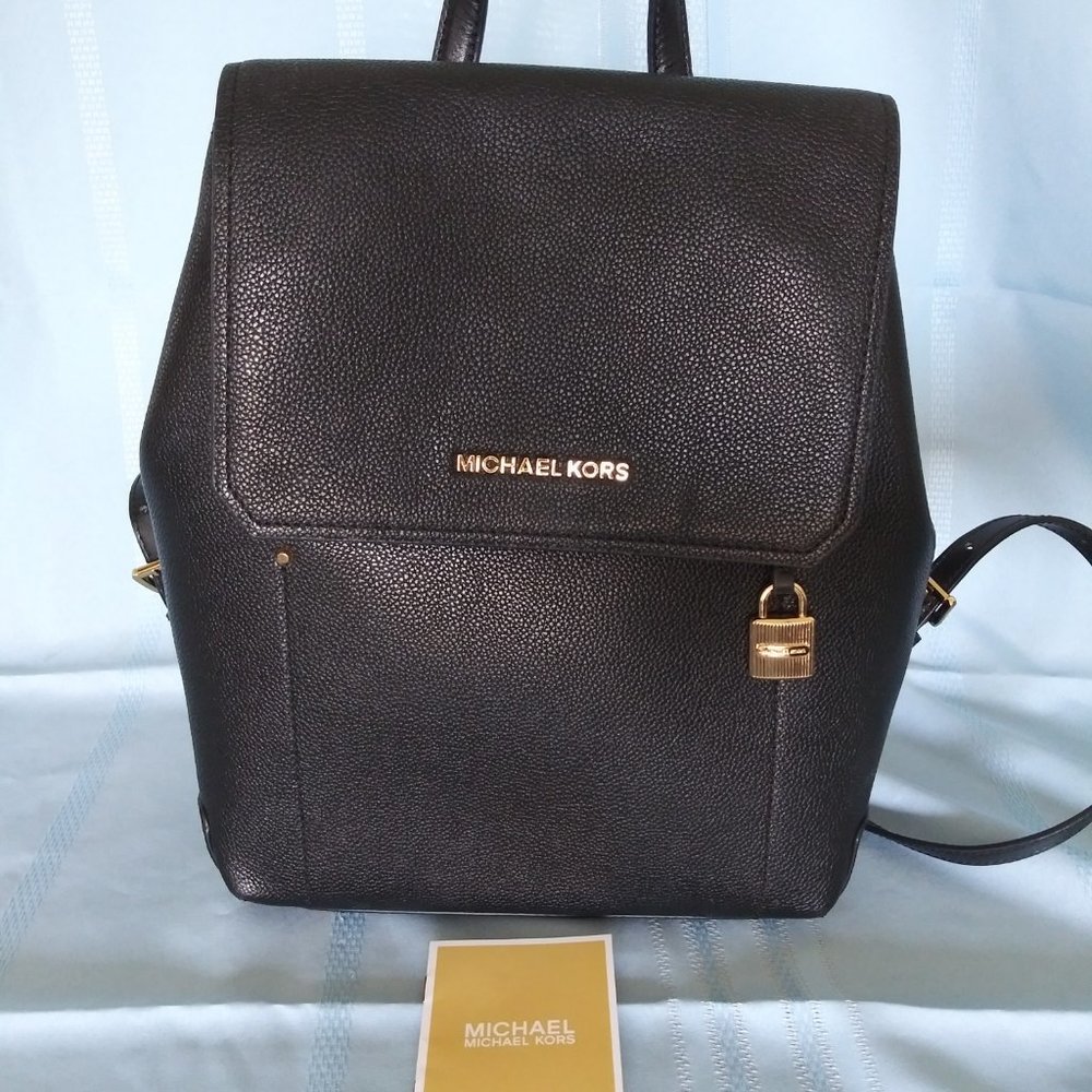 Michael Kors Black Leather Hayes Medium Back Pack Bag Purse